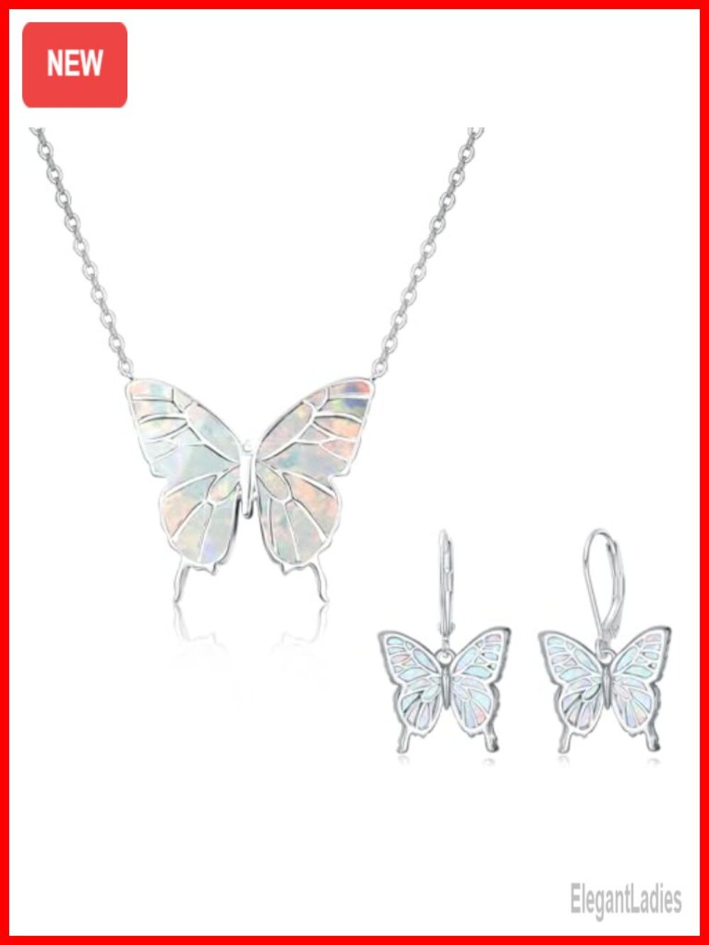 925 Sterling Silver Butterfly Necklace Set Opal Pendant Earrings Gift